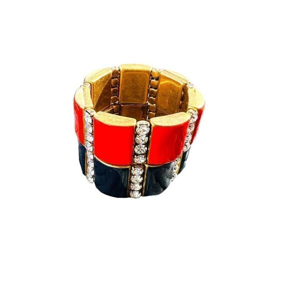 J Crew Red Black Square Gold-Tone Bracelets Rhinestone Diamonds Elastic Bundled - Picture 3 of 4